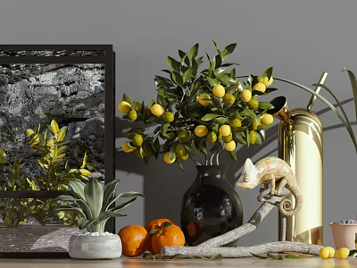 Decorative Ornament Combination with Black Vase Lemon Plant Framed Art Oranges and Chameleon Figurine 3d model