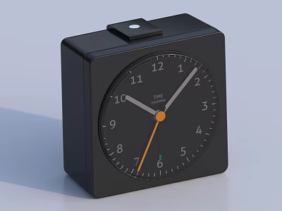Black Square Alarm Clock with Black Dial White Numbers Orange Hour Hand Modern Design 3d model