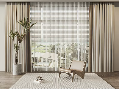 Beige Curtains And Blinds In Interior With Chair Potted Plant Rug And Outdoor City View 3d model