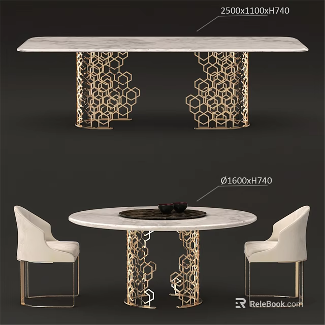 Elegant Table Chair Set with Golden Hexagonal Hollow Legs White Marble Top and White Chairs 3d model 