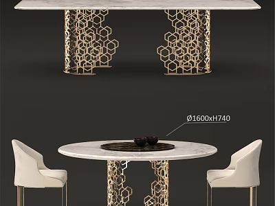 Elegant Table Chair Set with Golden Hexagonal Hollow Legs White Marble Top and White Chairs 3d model