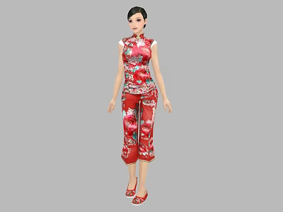 Woman Wearing Red Floral Traditional Chinese Cheongsam With Wide Leg Pants And Red Shoes 3d model