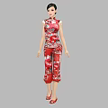 Woman Wearing Red Floral Traditional Chinese Cheongsam With Wide Leg Pants And Red Shoes