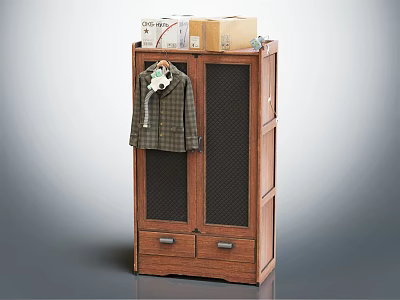 Wooden Wardrobe With Mesh Doors Drawers Below Plaid Shirt Hanging And Cardboard Boxes On Top 3d model
