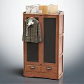 Wooden Wardrobe With Mesh Doors Drawers Below Plaid Shirt Hanging And Cardboard Boxes On Top
