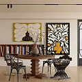 Modern Stylish Restaurant Interior With Wooden Dining Table Bookshelf Potted Plant And Colorful Artworks