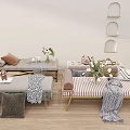 Stylish Footstools In Living Room With Decorative Pillows Blankets And Flowers
