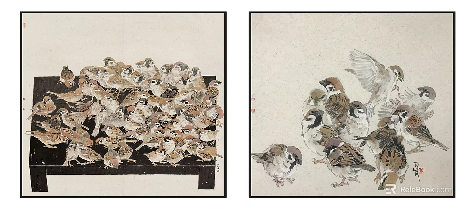 Traditional Chinese Painting Artwork Featuring Sparrows Gathered On Wooden Platform And Dynamic Poses 3d model 