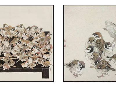 Traditional Chinese Painting Artwork Featuring Sparrows Gathered On Wooden Platform And Dynamic Poses 3d model