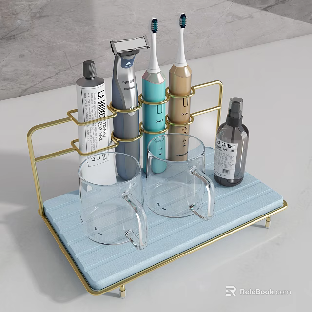 Golden Metal Bathroom Storage Rack with Shaving Cream Electric Shaver Toothbrush and Transparent Mugs 3d model 