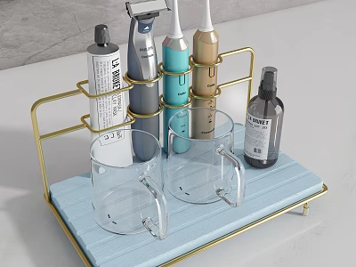 Golden Metal Bathroom Storage Rack with Shaving Cream Electric Shaver Toothbrush and Transparent Mugs 3d model