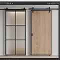 Modern Wooden Barn Door With Black Frame And Glass Panel Interior Design