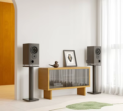 Stylish Audio Speakers on Stands in Bright Room with Wooden Cabinet Photo Frame Bird Decor 3d model