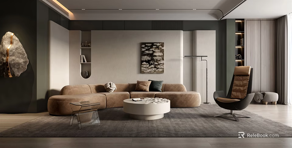 Modern Living Room Interior With Curved Sofa Round Coffee Table Accent Chair And Artwork 3d model 