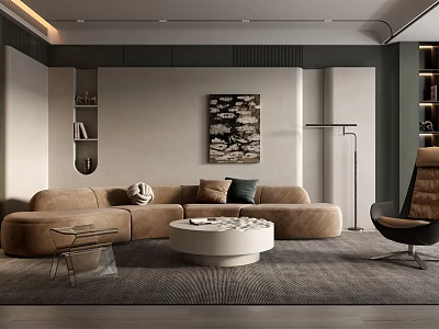 Modern Living Room Interior With Curved Sofa Round Coffee Table Accent Chair And Artwork 3d model