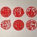 Traditional Chinese Red Paper Cuttings with Circular Design and Fu Character Floral Fish Motifs