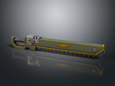 Green And Yellow Chainsaw Weapon With Eagle Emblem And Serrated Blade Mechanical Design 3d model