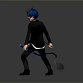 Anime Character With Blue Hair Cat Ears Black Coat And Sword Holding Blue Flames