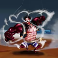 Anime Character With Gigantic Red Arms Muscular Body And White Smoke Energy In Battle Stance