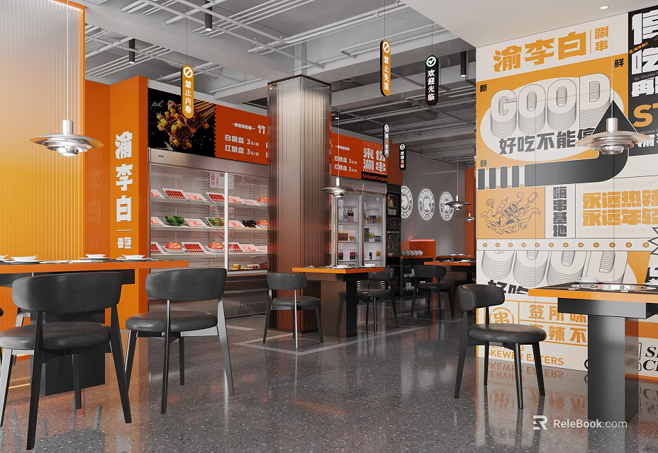Modern Hotpot Restaurant With Orange White Decor Fresh Ingredients Display And Open Layout 3d model 