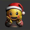 Yellow Smiling Emoji Wearing Santa Hat And Red White Striped Clothes With Hands On Cheeks