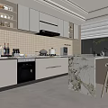 Modern Kitchen Interior With Marble Island Light Cabinets Tiled Backsplash And Appliances