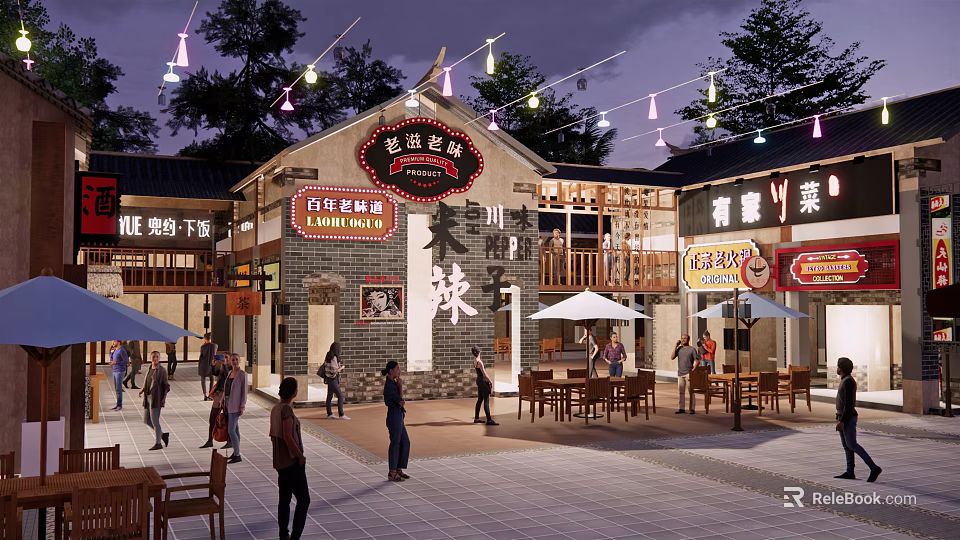 Traditional Style Commercial Street With Lanterns String Lights And Outdoor Dining Areas 3d model 