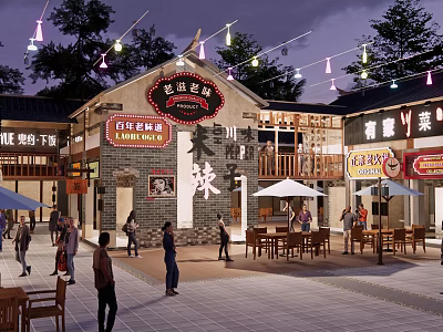 Traditional Style Commercial Street With Lanterns String Lights And Outdoor Dining Areas 3d model