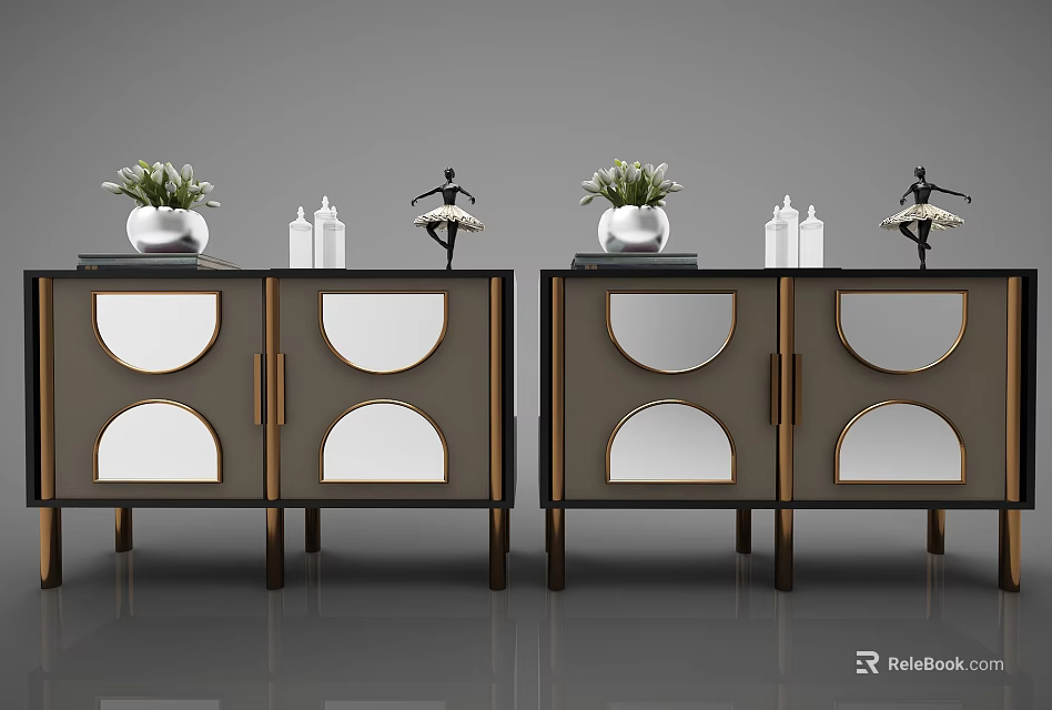 Modern Entryway Cabinet and Side Cabinet With Round Cutout Design Metal Legs and Potted Plants 3d model 