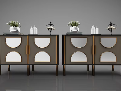 Modern Entryway Cabinet and Side Cabinet With Round Cutout Design Metal Legs and Potted Plants 3d model