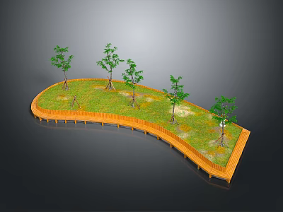 Green Trees On Curved Wooden Platform With Lush Grass Surface 3d model
