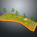 Green Trees On Curved Wooden Platform With Lush Grass Surface 3d model