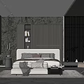 Modern Bedroom Interior With Upholstered Headboard Bed Area Rug Armchair And Large Window
