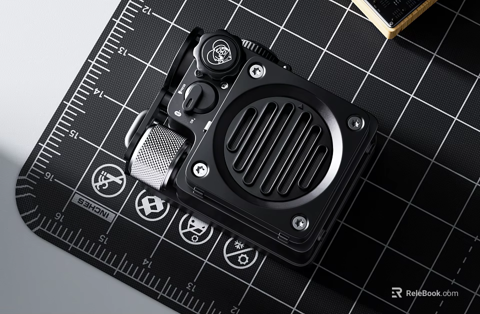 Professional Black Portable Speaker with Grille Design on Measuring Mat and Workshop Tools 3d model 