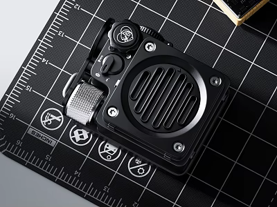 Professional Black Portable Speaker with Grille Design on Measuring Mat and Workshop Tools 3d model