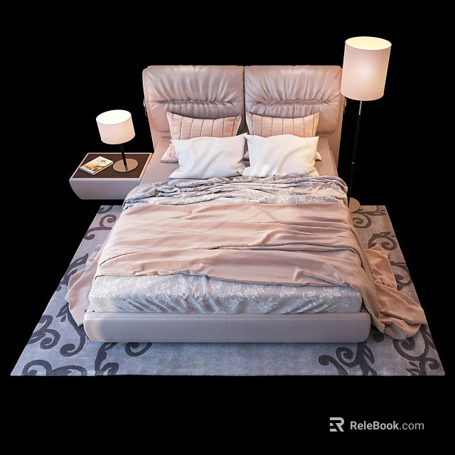 Modern Double Bed With Upholstered Headboard Pink Bedding White Pillows Side Tables And Patterned Rug 3d model 