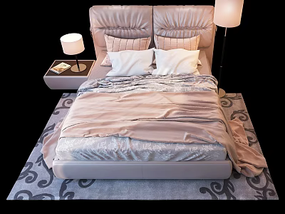 Modern Double Bed With Upholstered Headboard Pink Bedding White Pillows Side Tables And Patterned Rug 3d model