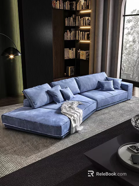 Blue Sectional Sofa with Plush Cushions and Throw Blanket in Modern Living Space 3d model 