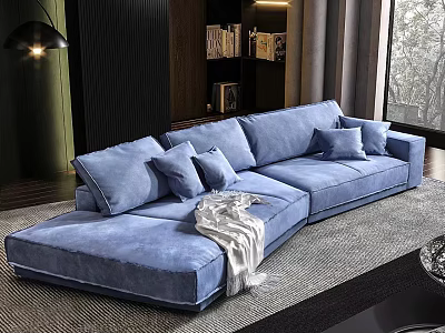 Blue Sectional Sofa with Plush Cushions and Throw Blanket in Modern Living Space 3d model