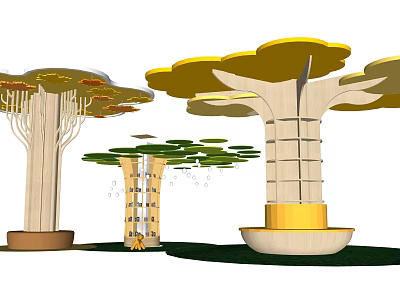 Tree Shaped Decorative Pillars With Yellow Green Canopy And Wooden Base Design 3d model