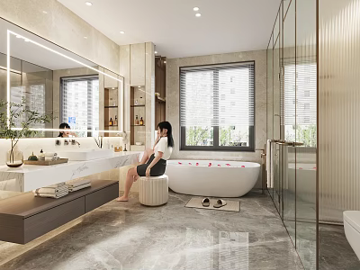 Modern Bathroom Interior With Large Mirror Freestanding Bathtub Window Blinds Marble Floor And Vanity 3d model