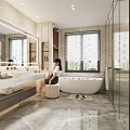Modern Bathroom Interior With Large Mirror Freestanding Bathtub Window Blinds Marble Floor And Vanity