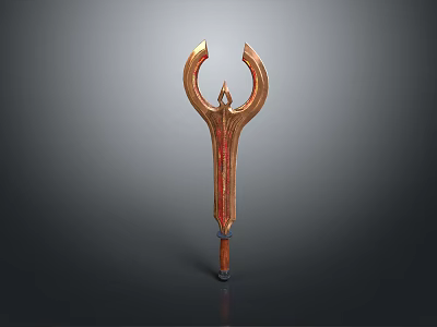 Golden Red Trident Weapon With Curved Top Spike And Wooden Grip Design 3d model