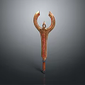 Golden Red Trident Weapon With Curved Top Spike And Wooden Grip Design