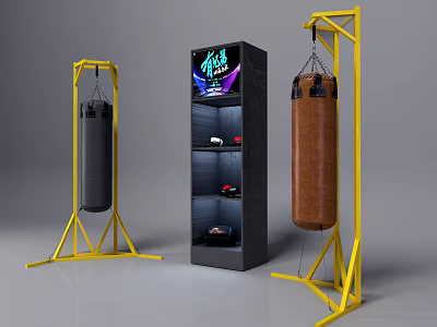 Professional Boxing Training Equipment With Hanging Punch Bags Yellow Stands And Display Cabinet 3d model