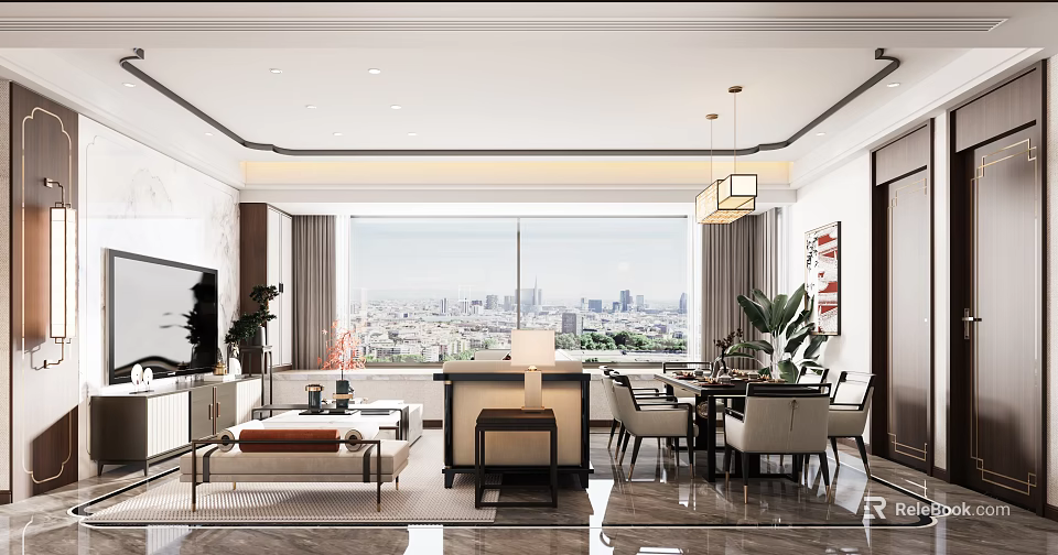 Modern Living Dining Room Interior With Sofa Set Dining Table Large Window And City View 3d model