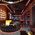 Stylish Modern Bar Interior With Neon Coffee Signs Seating Area And Ambient Lighting