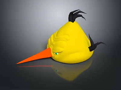 Yellow Cartoon Bird Game Movie Character With Black Spiked Details Orange Long Beak Green Eyes 3d model