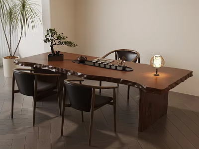 Modern Solid Wood Tea Table with Three Black Chairs Tea Set in Minimalist Interior Room 3d model