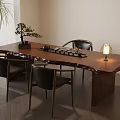 Modern Solid Wood Tea Table with Three Black Chairs Tea Set in Minimalist Interior Room